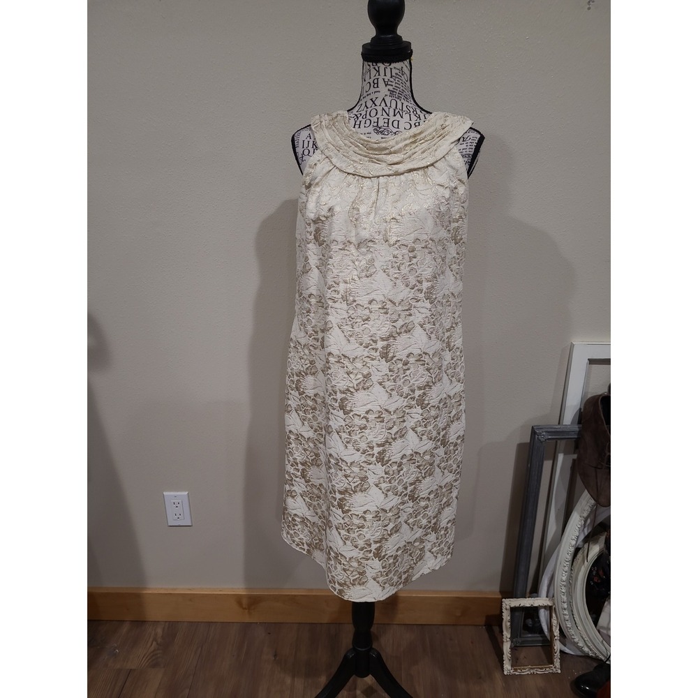 Vera Wang Lavendar Label Cream Gold Brocade elegant Dress Women SZ 14 back bow